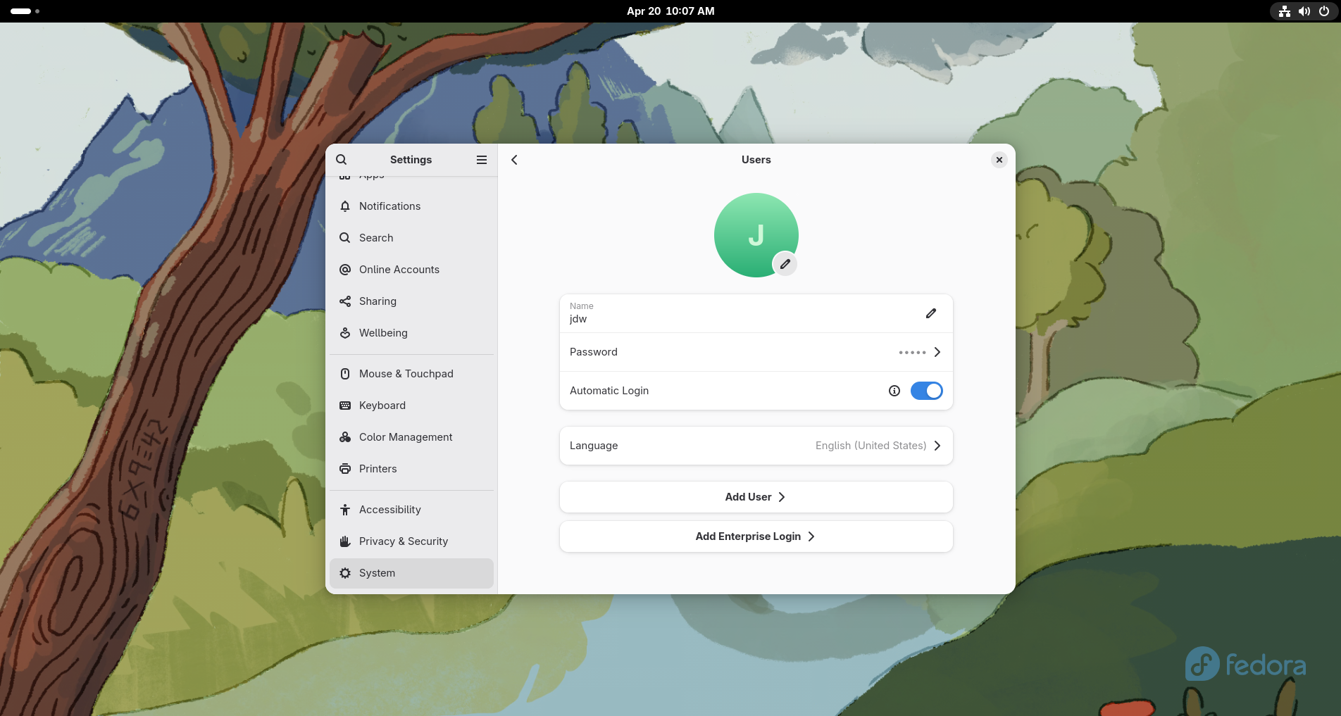 The image shows the "System/Users" section of GNOME settings with activated "Automatic Login" toggle.